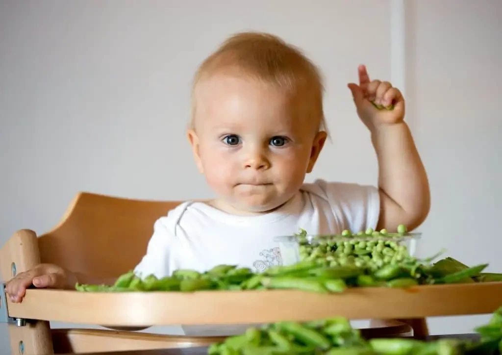 Bébé pendant son repas entouré de légumes verts