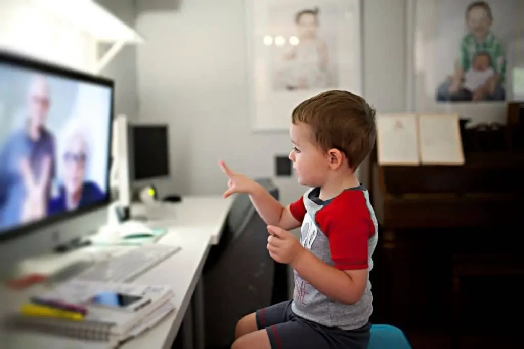 La technologie au service de la relation grands-parents petits-enfants : un jeune garçon en train d'échanger avec sa famille via un écran d'ordinateur