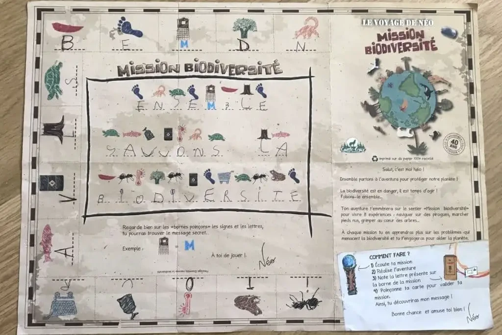 Carte à remplir lors du jeu de piste "Le Voyage de Néo, Mission Biodiversité"