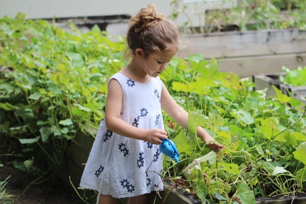 Fillette portant une tunique pour fille en train d'arroser des plantes